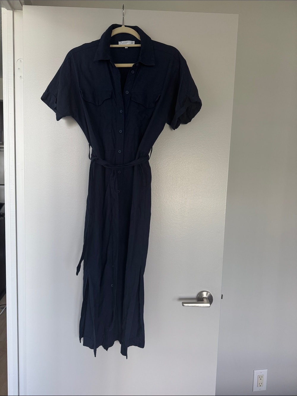 DECJUBA Navy Button-Front Midi Shirt Dress with Waist Tie